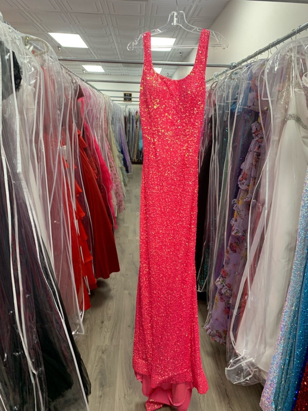 Fuchsia Sequin Scoop-Neck Prom Gown